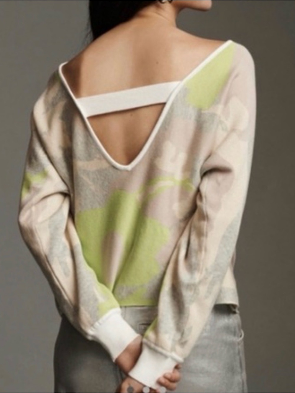 Anthropologie Daily Practice Hazy Days Lime Green Camo Open Back Sweater Size M